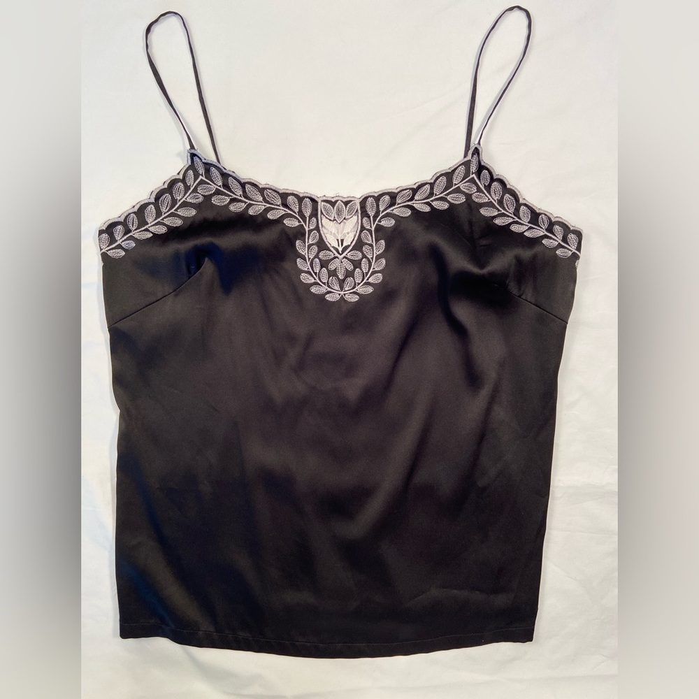 Aqua Camisole, black with white embroidery, spaghetti straps,‎ size M
